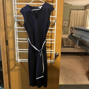New York & Company Navy Midi Sheath Dress with White Trim Belt